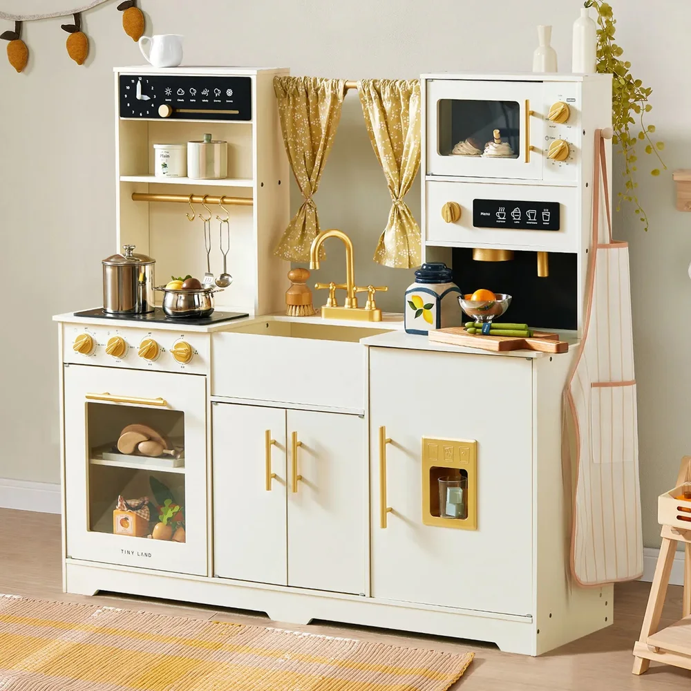 Iconic Wooden Play Kitchen – Cream Pretend Cooking Set for Kids